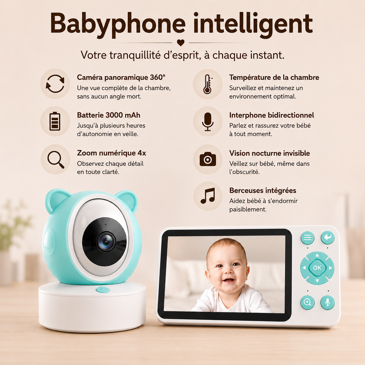 Babyphone caméra Bear Audio bidirectionnel & connexion sécurisée