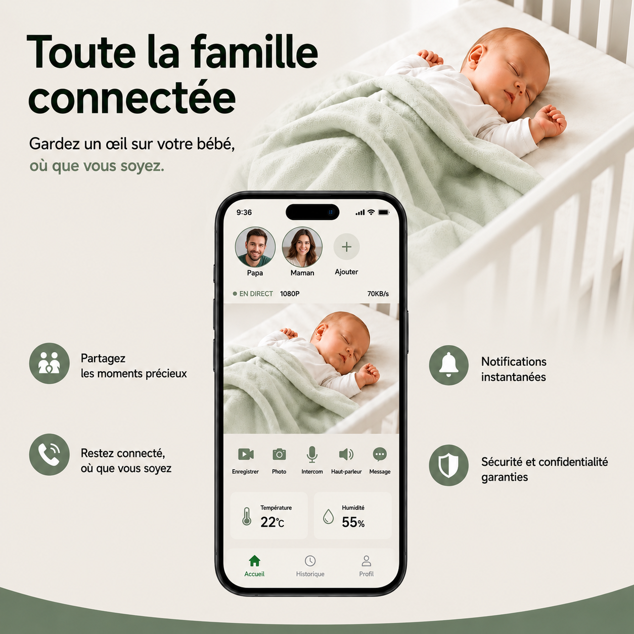 Babyphone caméra Light Connecté & batterie longue durée
