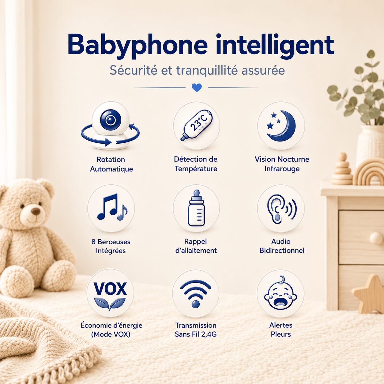 Babyphone caméra Nova Vision nocturne & écran HD